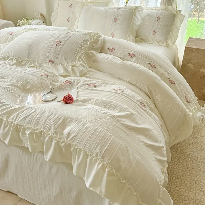 Soft and Delicate 3/4pcs Set of Skin-Friendly Brushed French Bubble Yarn + Flower Embroidery + Large Lace Style Kit | 1 Quilt Cover, 1/2 Pillowcase,
