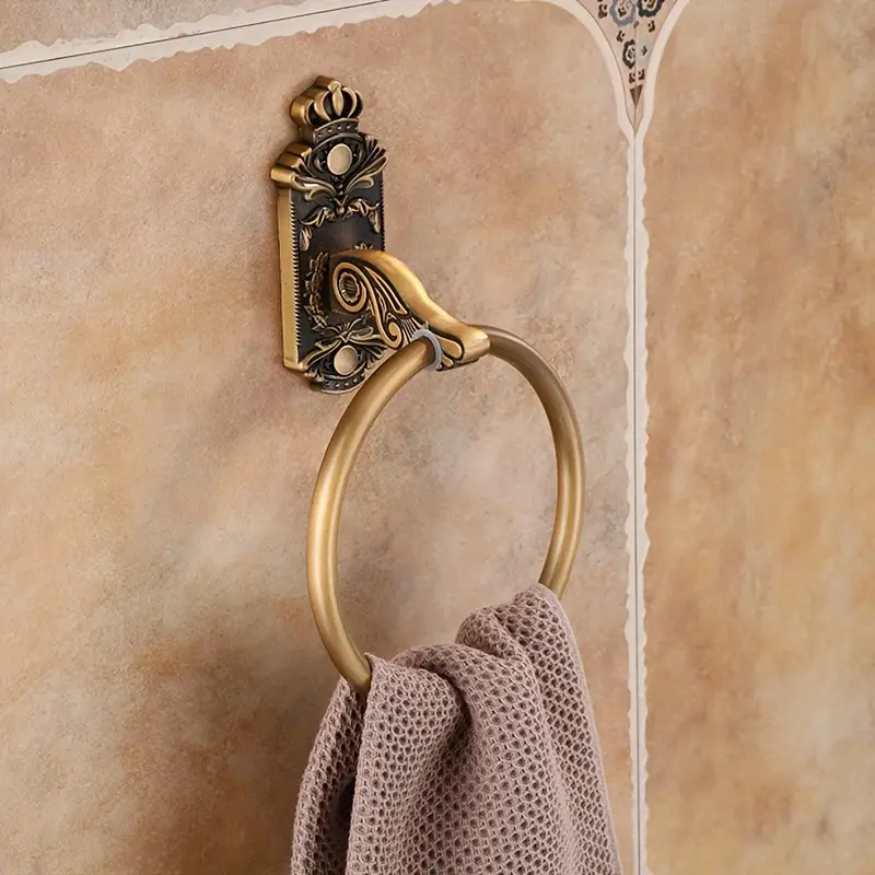 Black & Golden Elegant Vintage-Inspired Round Towel Ring - Wall-Mounted Bathroom Holder with Ornate Design for Home Decor and Towel Storage