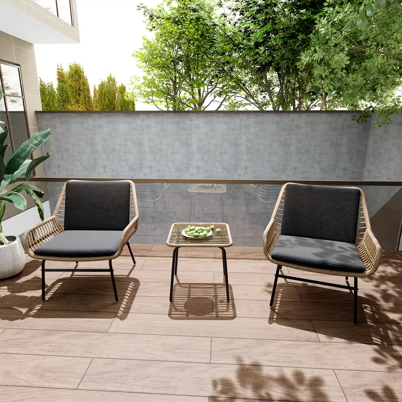 3pcs Green Rattan Patio Bistro Set | Front Porch Patio Furniture Set With Glass Table, 2 Wicker Patio Chairs For Porch, Deck, Balcony