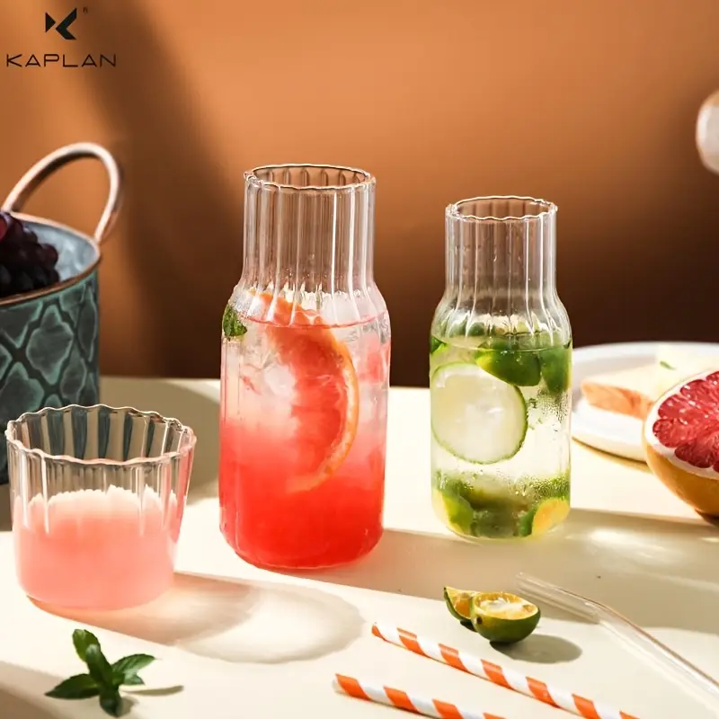 1pc KAPLAN Striped Clear Glass Water Bottle, Kettle Glass Cup, Bedside Water Jug Set, Toothbrush Holder, Glass Juice Jug, Suitable for Bedroom Room - Healthy Drinkware for All Seasons - Holiday Gift, Thanksgiving,
