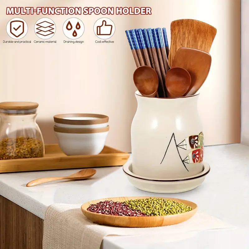1Set Ceramic Kitchen Utensil Holder Set, Multi-Functional Storage Cylinder with Drain Tray, Dishwasher Safe, Creative Home Organizer for Cutlery and Cooking Tools
