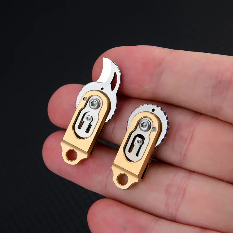 Brass Mini Keychain - Foldable Thumb Stud Design with Drop Point Blade & V-Grind Edge, Anti-Stain Compact Pocket Tool for Outdoor Camping, Hiking, Everyday Carry,