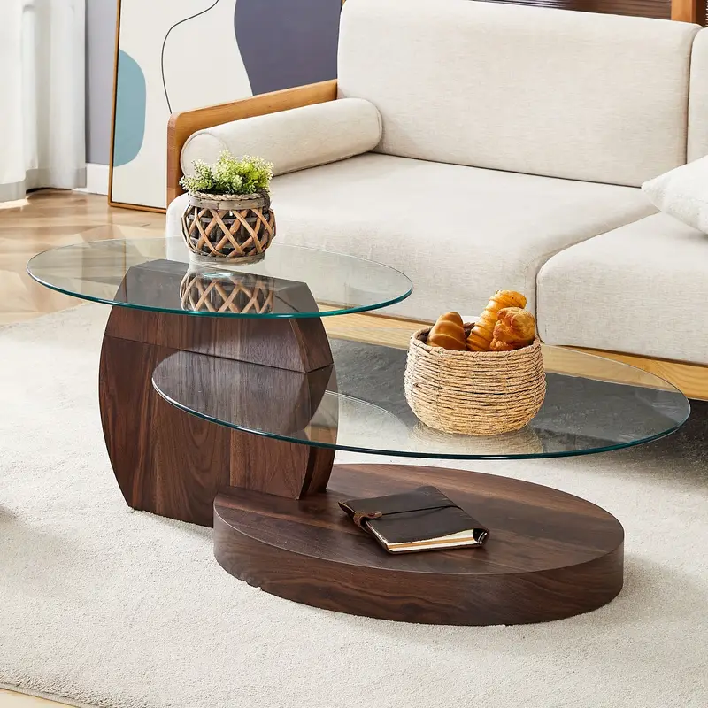 47" Round Glass Coffee Table, Modern 3 Tier Circle Coffee Table for Small Space, Oval Center Table with Wood Base, Fashionable And Exquisite, Easy to Install, Coffee Table for Living Room,