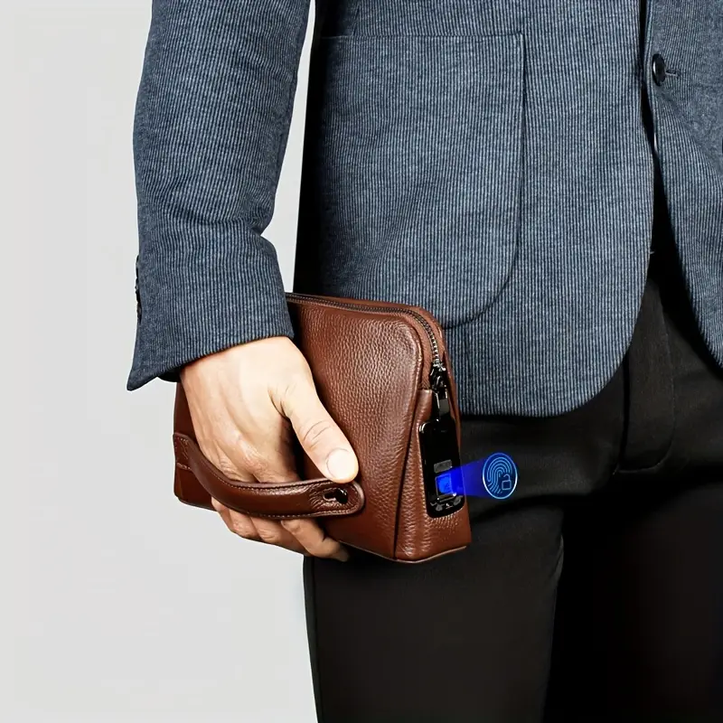 Hot Selling Genuine Leather Smart Fingerprint Unlock Handbag Business Casual Style Anti-theft Handbag Holiday Gift