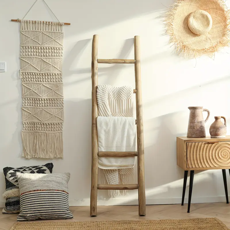 Rustic Wooden 5ft Blanket Ladder | Fully Assembled Living Room Decorative Wall Leaning Farmhouse Quilt Display Holder Towel Rack For Bathroom, Brown
