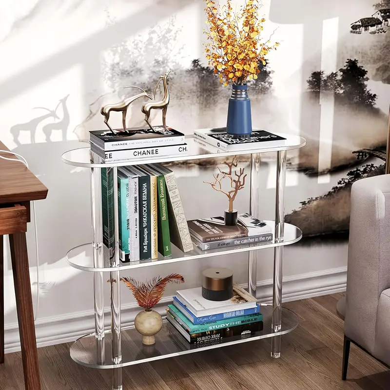 Clear Acrylic Floor Stand, Acrylic Bookshelf, Acrylic Dining Side Table, with Open Bookshelf Console Table, Suitable for Entrance, Office, Living Room