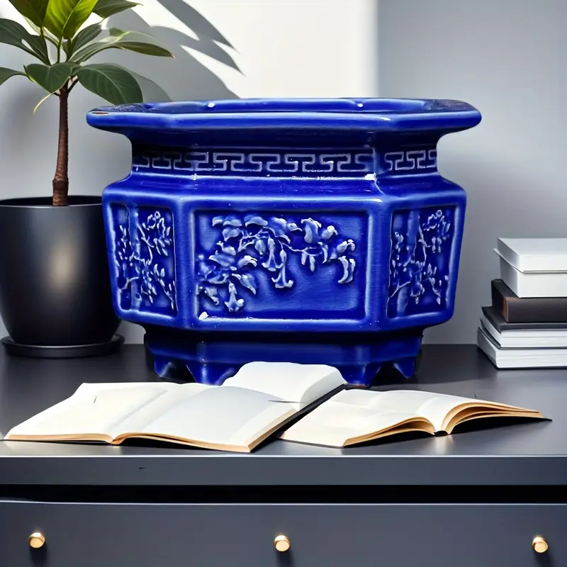 Extra Large Ceramic Orchid Planter - Contemporary Chinese-Inspired Square Bonsai Pot with Floral Design, Drainage Holes & Polished Finish for Indoor/Outdoor Use, Holds Topiary Trees & Large Houseplants,