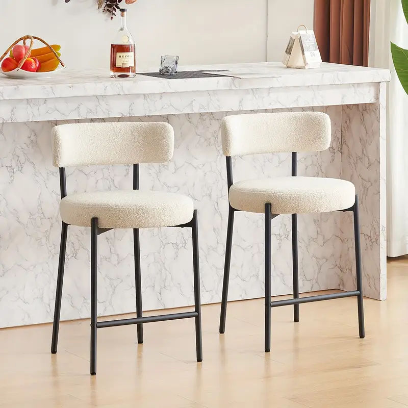 Modern 34" Height Bar Stool Set Of 2, Boucle Dining Chair With 4" Thick Cushion Modern Kitchen Dining Chair With Curved Back Round Upholstered Sherpa With Metal Legs